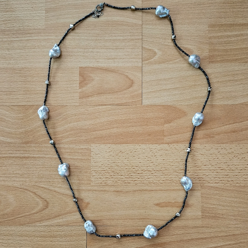 Silver Baroque Pearl Necklace with Spinel and Pyrite Beads